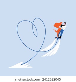 Couple in love rides  flyboard and draws  heart in the sky. Vector sports illustration for valentine's day.