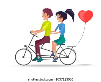 Couple in love riding on two-seat bicycle, red heart shape balloon behind. Boy and girl vector illustration isolated on white
