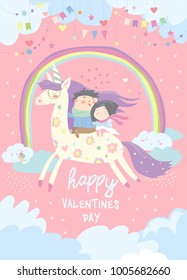 Couple in love riding on unicorn