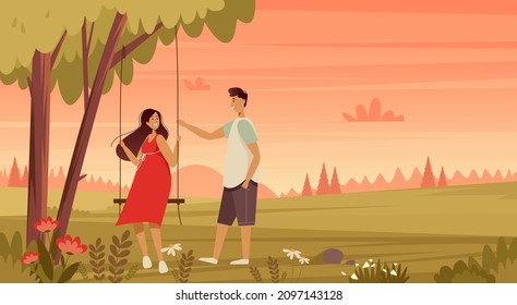 A couple in love is riding a swing. Valentines day banner. Romantic landscape background