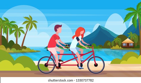 Couple In Love Riding Tandem Bicycle Summer Vacation Sea Beach Landscape Beautiful Seaside Man Woman Lovers Cycling Twin Bike Horizontal Flat