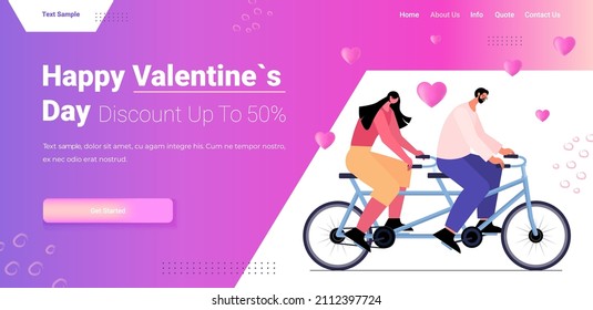 couple in love riding tandem bicycle celebrating happy valentines day horizontal full length