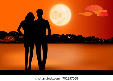Couple in love, Romance and people concept, Design for Valentine's Day Under the sunset on the island by the sea and beautiful beaches. vector illustration.