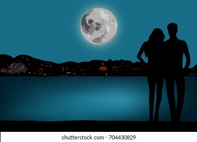 Couple in love, Romance and people concept, Design for Valentine's Day Under the full moon on the island by the sea and beautiful beaches. beautiful night sky. vector illustration.