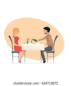 Couple in love, in a romantic atmosphere at a festive dinner, talking and drinking champagne. Vector illustration isolated on white background in cartoon style.