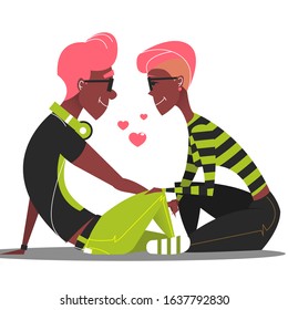 Couple in Love. Romantic Characters for the Feast of Saint Valentine. Guy and Girl Embracing Each Other Affectionately. February 14 Vector Illustration