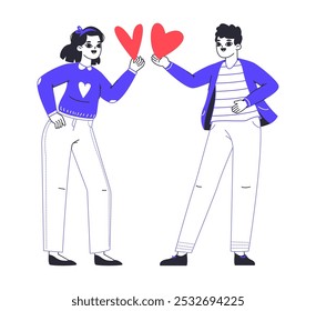 Couple in love. Romantic characters sharing and giving hearts, Valentine's day love sharing flat vector illustration. Man and woman giving hearts to each other