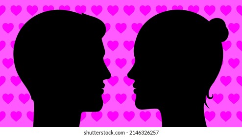 Couple in love romantic concept vector illustration. Man and woman looking at each other on a pink hearts background.
