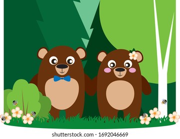couple in love, romantic cute brown bears in the forest, against the background of trees, flowers and bees, vector illustration