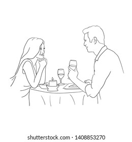 Couple in love romantic dinner. Handmade drawing on white background.