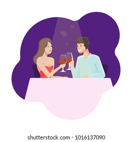 Couple in love at romantic dinner in restaurant vector Illustration. Young man and woman celebrating Valentine’s Day, toasting wine glasses.