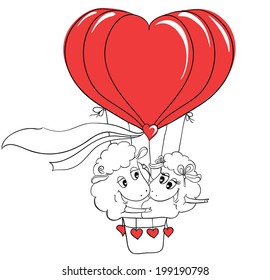 Couple in love. Romantic happy couple sheep riding a hot air balloon. Idea for greeting card with Happy Wedding or Valentine's Day. Cartoon doodle vector illustration