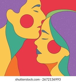 Pareja enamorada. Rostros de amantes románticos. Color arcoíris psicodélico de los años 60