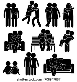 Couple in Love Romantic Moments. Boyfriend and Girlfriend Kissing, Hugging, Sitting on Sofa, Embracing on Bench. Stick Figure Pictogram Icon Set