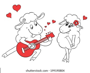 Couple in love. Romantic two sheep playing serenade on guitar. Idea for greeting card with Happy Wedding or Valentine's Day. Cartoon doodle vector illustration