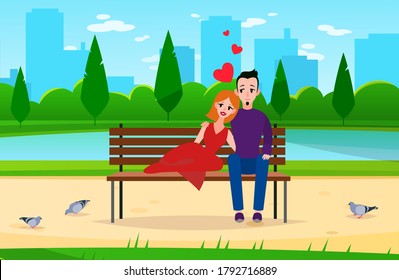 Couple in love. Romantic young people sit in park on bench, husband and wife characters hugging outside on city landscape on date flat cartoon vector concept