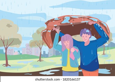Verschiedene Liebe laufen, um den Regen zu verbergen und stehen Seite an Seite unter einem in Regen getauchten Mantel im Park, Vektorgrafik-Bild.
