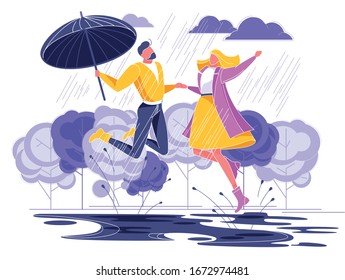 Couple in Love Running under Rain with Umbrella Flat Cartoon Vector Illustration. Happy Man and Woman are Walking Along City Street and Jumping. Beautiful Married Couple Having Romantic Relationship.