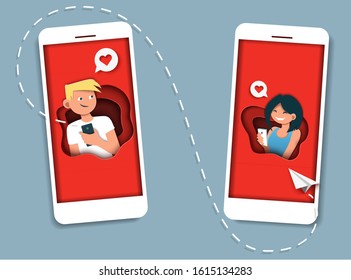 Couple in love sending messages to each other using messenger chat mobile app, vector illustration in paper art craft style. Romantic love messages composition for web banner, website page etc.