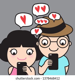 Couple In Love Sending Text Messages To Each Other On Their Cell Phones. Concept Card Character illustration