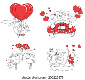 Couple in love. Set of funny pictures happy sheep. Idea for greeting card with Happy Wedding or Valentine's Day. Cartoon doodle vector illustration