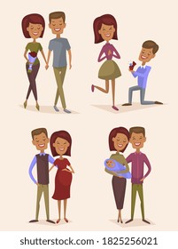 Couple in love set. Isolated man and woman couple in love. Dating, engagement, pregnancy, parenting. Happy father and mother person with baby child. Family relationship stages vector illustration