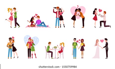 Couple in love set. Loving situations happy romantic couples, young men women characters hug and kiss dating, cartoon vector girlfriend and boyfriend romance isolated set