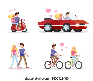 Couple in love set. Man and woman walk, ride the bike, drive in the car and moped. Active lifestyle and summer activity. Trip on the motorcycle. Different ways of transportation.