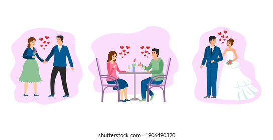 Couple in love set with people characters in various situations. Romantic couple having fun at date, man proposing woman to marry him, wedding ceremony. Set of Valentine's day concept in flat style.