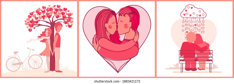 Couple love. A set of postcards. Two people siting on a bench and raining love hearts. Standing under a love tree. Girl and a boy kiss. Valentine's day, wedding, family, friendship card.