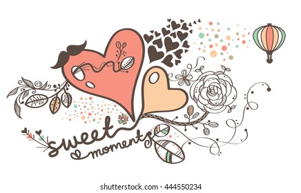 Couple Love Shape Heart With Flower Surrounding and Sweet Moment Wording