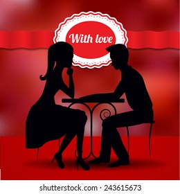 Couple in love sharing romantic dinner on romantic background with red ribbon. Vector silhouette. St. Valentine's day postcard.