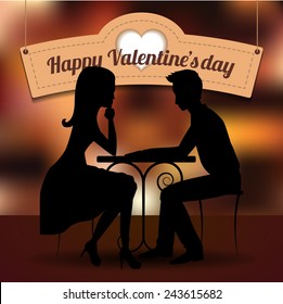 Couple in love sharing romantic dinner on romantic background with signboard. Vector silhouette. St. Valentine's day postcard.