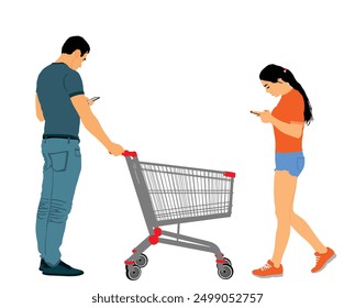 Couple in love shopping with trolley market vector illustration isolated. Family people consumer basket buy food, goods. Grocery by shopping cart in supermarket. Man woman check supplies list by phone