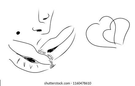 Couple in love. Silhouette of lips in a kiss and two hearts. Valentine's Day