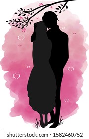 Couple in love silhouette at pink background