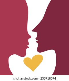 Couple in love silhouette Valentine's Day card. Kiss Valentines banner. Male Female silhouette with heart
