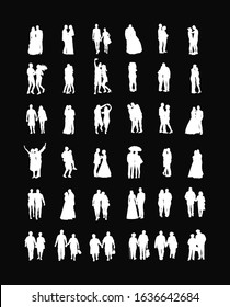 Couple in love silhouette vector big collection. Woman and man in love. Girl and boy dancing. Wedding couple, bride and groom ceremony. Senior people closeness. All generations family people set.