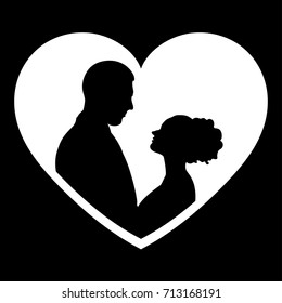 Couple in love silhouette, vector flat icon, logo, bride and groom outline drawing. Contours of loving men and women looking at each other in the white heart-shaped frame, isolated on black background