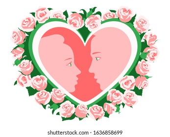 Couple in love.  silhouettes of lovers inside the heart. Romantic vector illustration