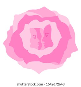 Couple in love.  silhouettes of lovers inside a rose flower. Romantic vector illustration