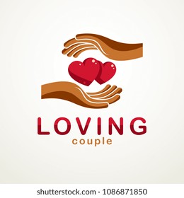 Couple in love simple vector logo or icon created with red glossy hearts and care protecting hands. Tender and loving relationship of man and woman, boyfriend and girlfriend.