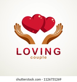 Couple in love simple vector logo or icon created with red glossy hearts and care protecting hands. Tender and loving relationship of man and woman, boyfriend and girlfriend.
