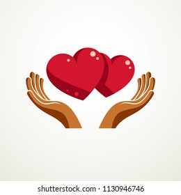 Couple in love simple vector logo or icon created with red glossy hearts and care protecting hands. Tender and loving relationship of man and woman, boyfriend and girlfriend.