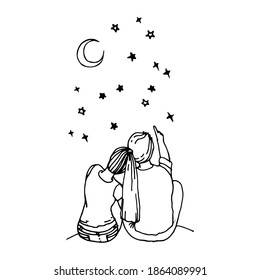 A couple in love sits   counts the stars in the sky  Dating  admiration  love  Valentine's day card design  Linear drawing by hand 