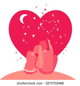 A couple in love sits and counts the stars in the heart shape sky. Dating, admiration, love. Valentine's day card design. Flat drawing by hand. Vector.