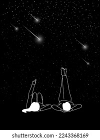 A couple in love sits   counts the stars in the sky  Man   woman look in dark night sky  Dating  admiration  love  Valentine's day card design  Hand drawn style  Trendy vector illustration 