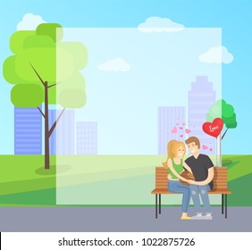 Couple in love sits on bench in city park on background of skyscrapers, fill in form place for text behind, vector illustration of embracing lovers. Valentines day