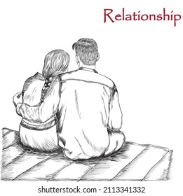 couple in love sits on a bench sketch. Black and white hand drawn image. pencil line art