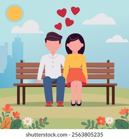 A couple in love sits on a bench in the park outdoors. A guy and a girl sit on a bench, flowers, plants. Valentine's Day card.